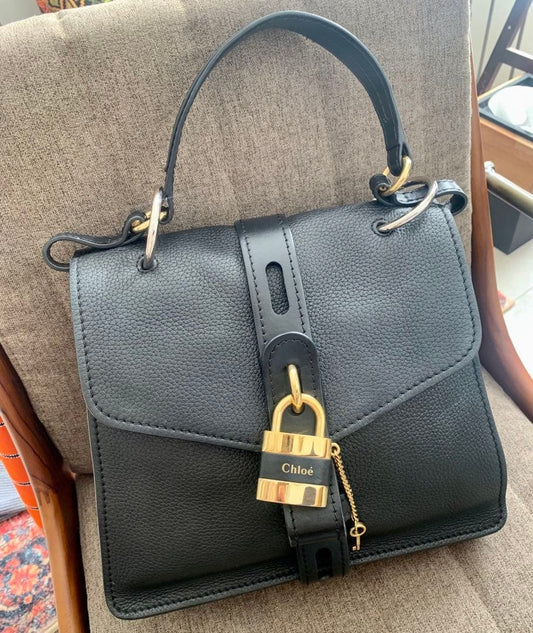 Chloe Abby Medium Bag, Black Leather, Women's, with Padlock #QY4Y1Q