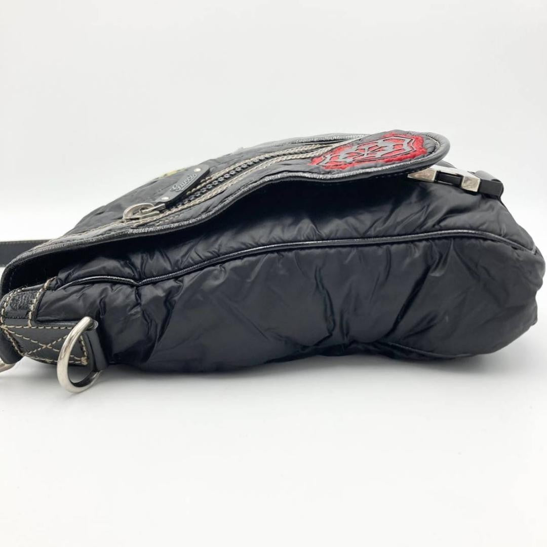 GUCCI Quilted Messenger Bag Black Nylon Leather Patch Embroidery #QY0V72