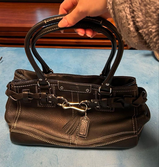 COACH Black Leather Braided Handle Handbag Zip Pocket #QYJ488