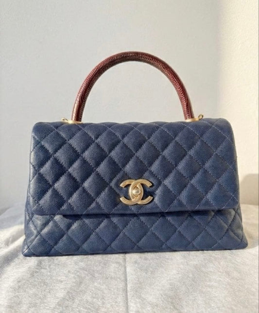 CHANEL Coco Handle Caviar Skin Navy Lizard Handle Flap Bag Hard to Find #QYIVD8