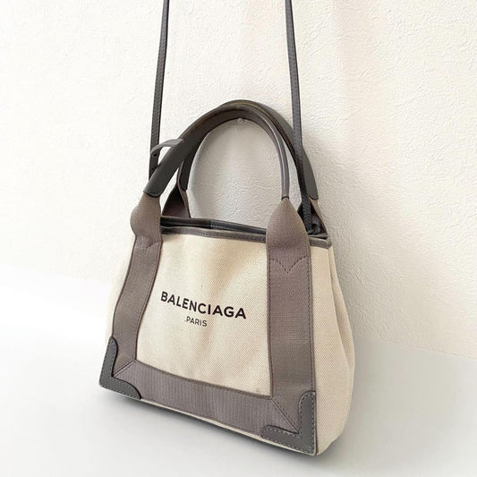 BALENCIAGA Navy Cabas XS Handbag with Pouch, Gray, Canvas × Leather #QY0NBY