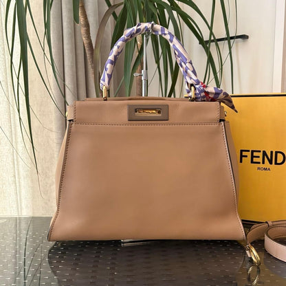 FENDI Peekaboo Medium Brown Calfskin Leather Handbag w/Scarf #QY5DL1
