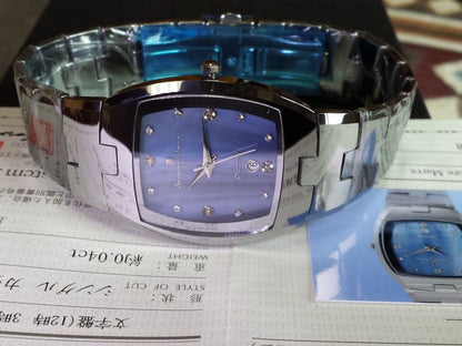 Luxury Tungsten Quartz Watch Blue Shell Dial 4 Natural Diamonds Sapphire #QY267O