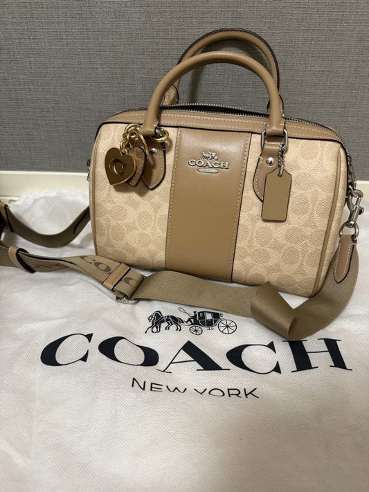 COACH Beige Heart Charm Logo Handbag with Shoulder Strap #QYGBM5