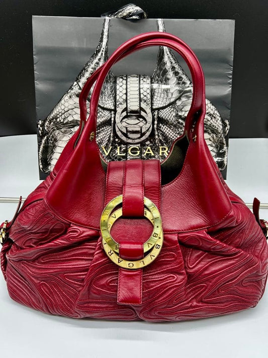 BVLGARI Chandra Red Leather Handbag Authentic Luxury #QY6PP4