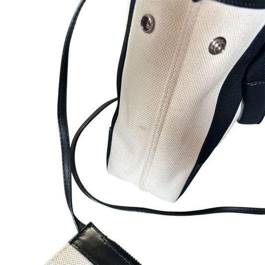 BALENCIAGA NAVY Cabas XS Tote Bag White Black Canvas With Pouch #QYB6T0