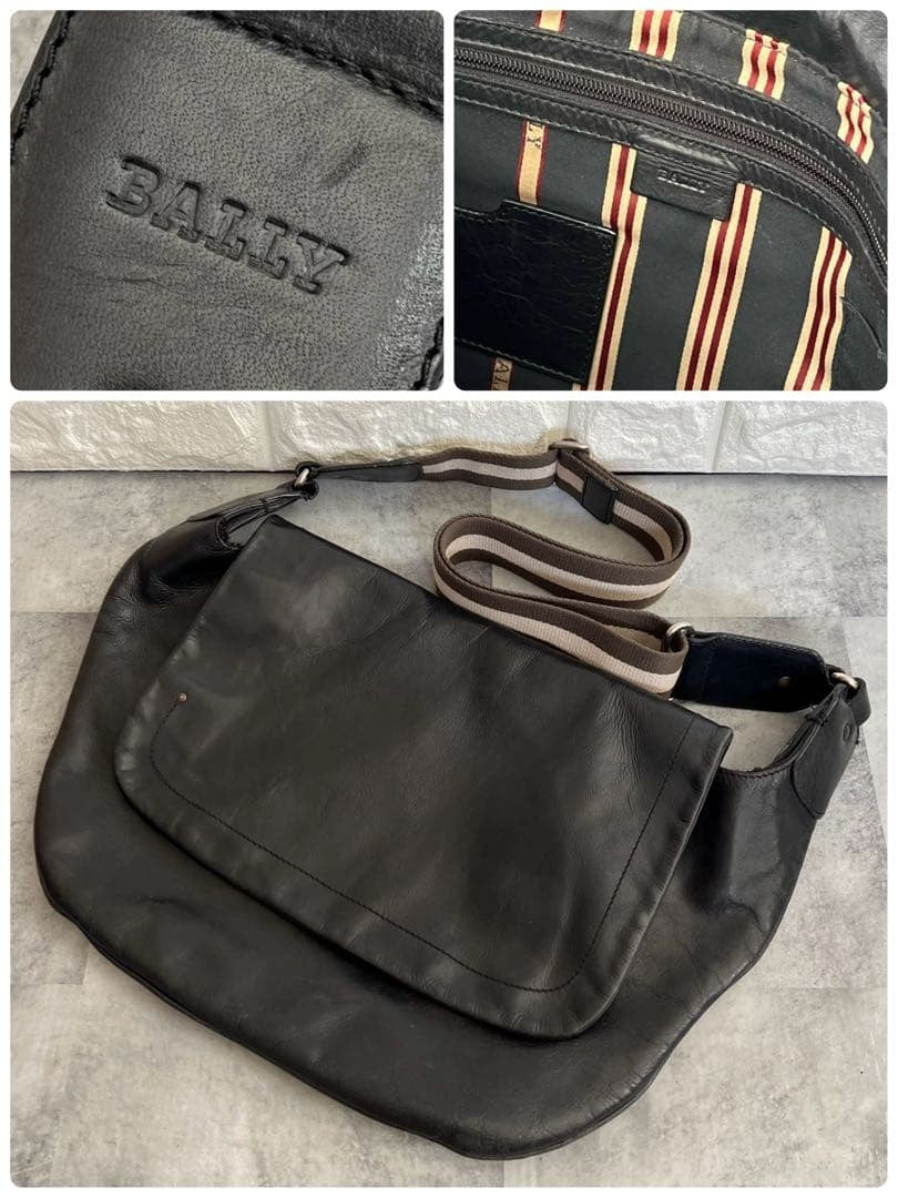 BALLY Genuine Leather Cowhide Shoulder Bag Black A4 W48 H25 #QY1XQE
