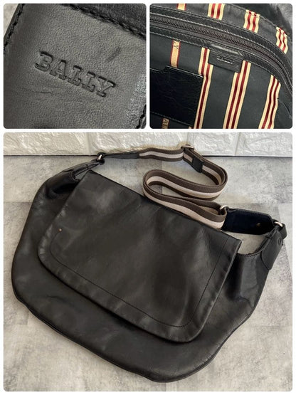 BALLY Genuine Leather Cowhide Shoulder Bag Black A4 W48 H25 #QY1XQE