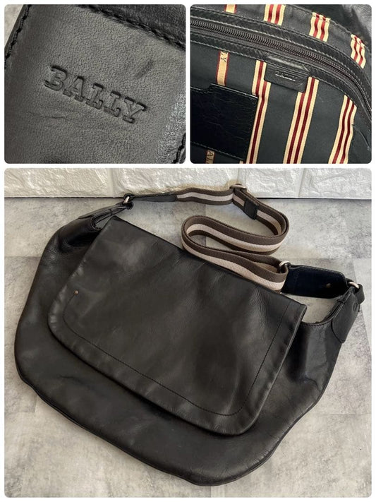 BALLY Genuine Leather Cowhide Shoulder Bag Black A4 W48 H25 #QY1XQE