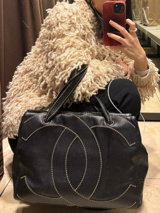 CHANEL Caviar Skin Shoulder Bag Black Logo Embroidery Hard to Find #QYG534