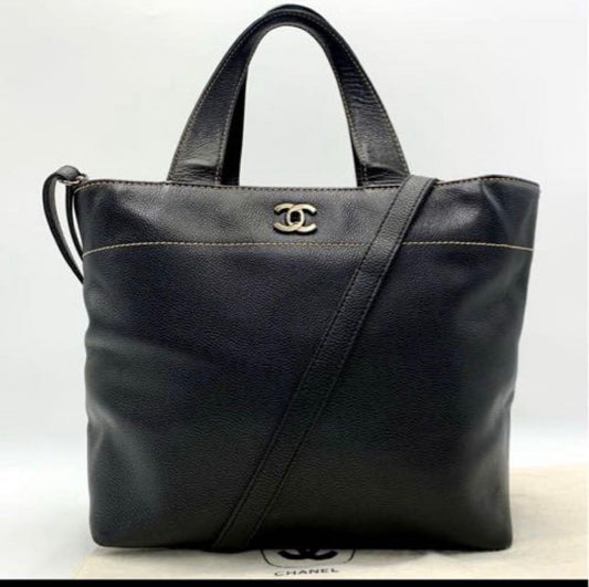 CHANEL Black Leather Handbag 2-Way Women #QYD3AF