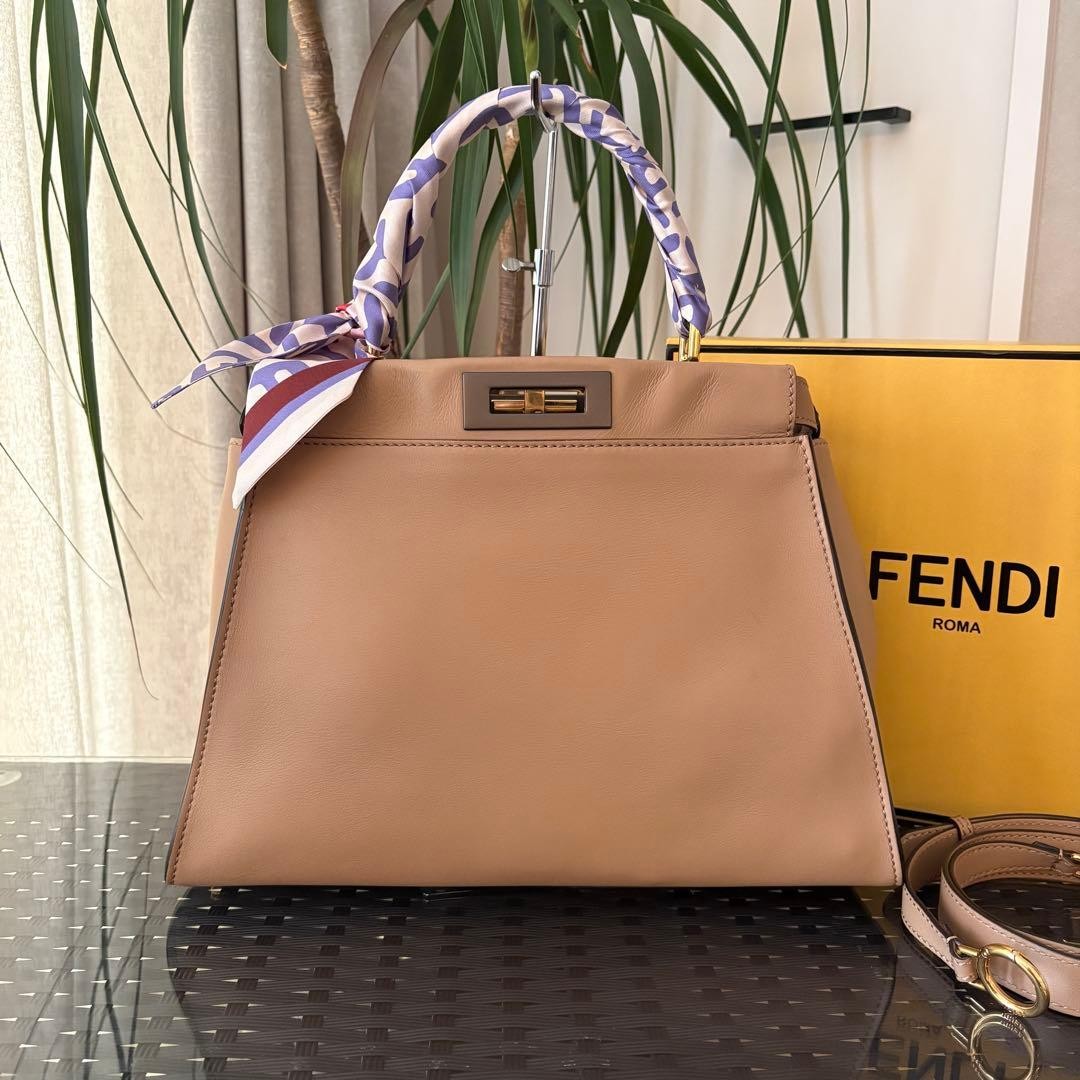 FENDI Peekaboo Medium Brown Calfskin Leather Handbag w/Scarf #QY5DL1