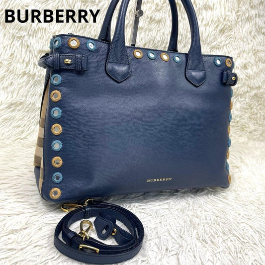BURBERRY Nova Check 2WAY Navy Leather Handbag Mirror Patch Rare #QY0OXA