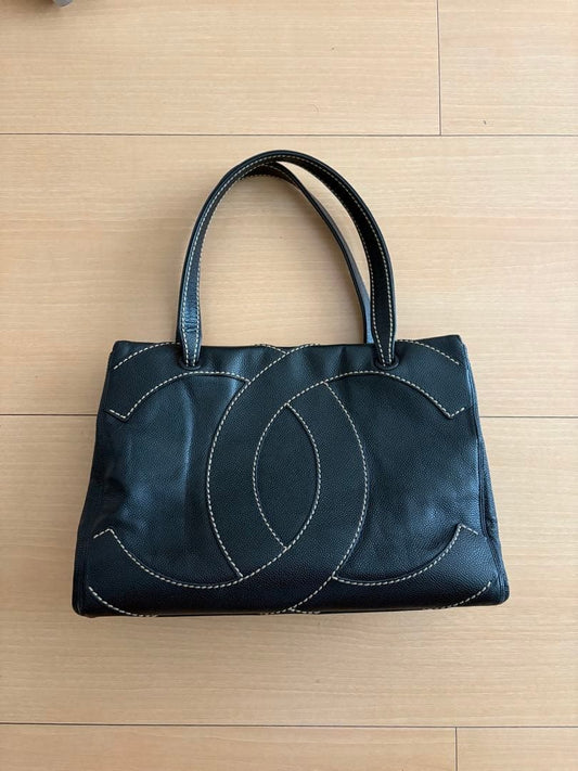 CHANEL Caviar Skin Shoulder Bag Black Logo Embroidery Hard to Find #QYG534