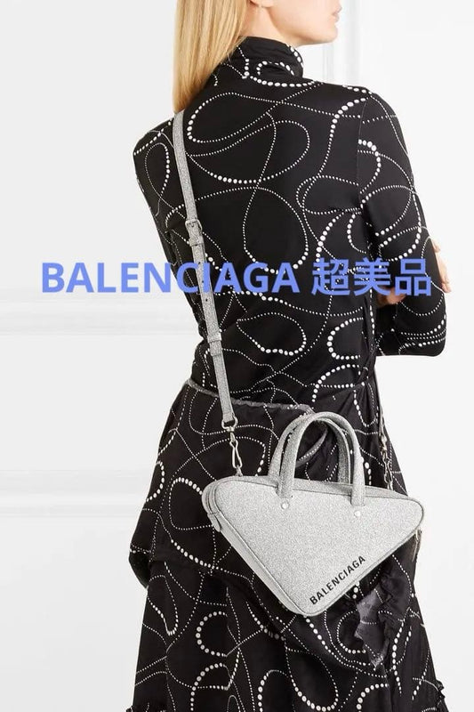 BALENCIAGA Silver Glitter 2-Way Triangle Shoulder Handbag #QYIGFU