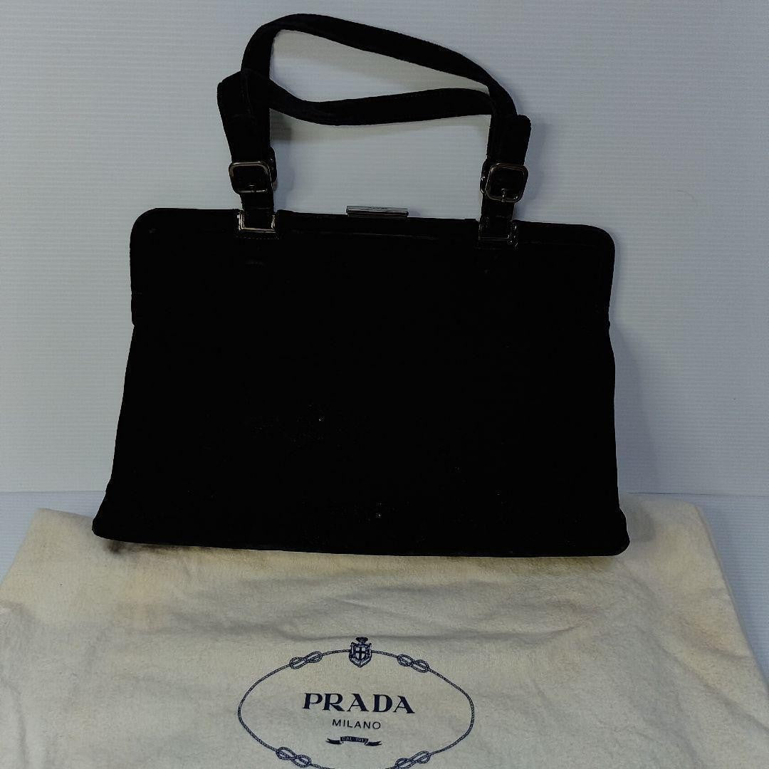 PRADA Handbag Velour Clasp Logo Embossed Black #QY8L2V