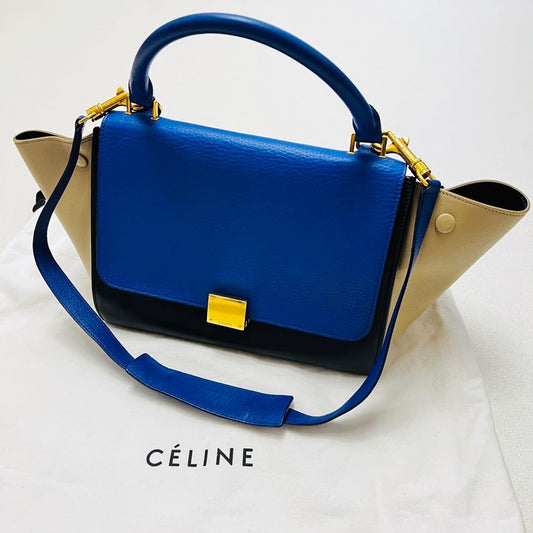 CÉLINE Trapeze Handbag, 2-way, Blue, Black, Beige Leather #QY2LUW