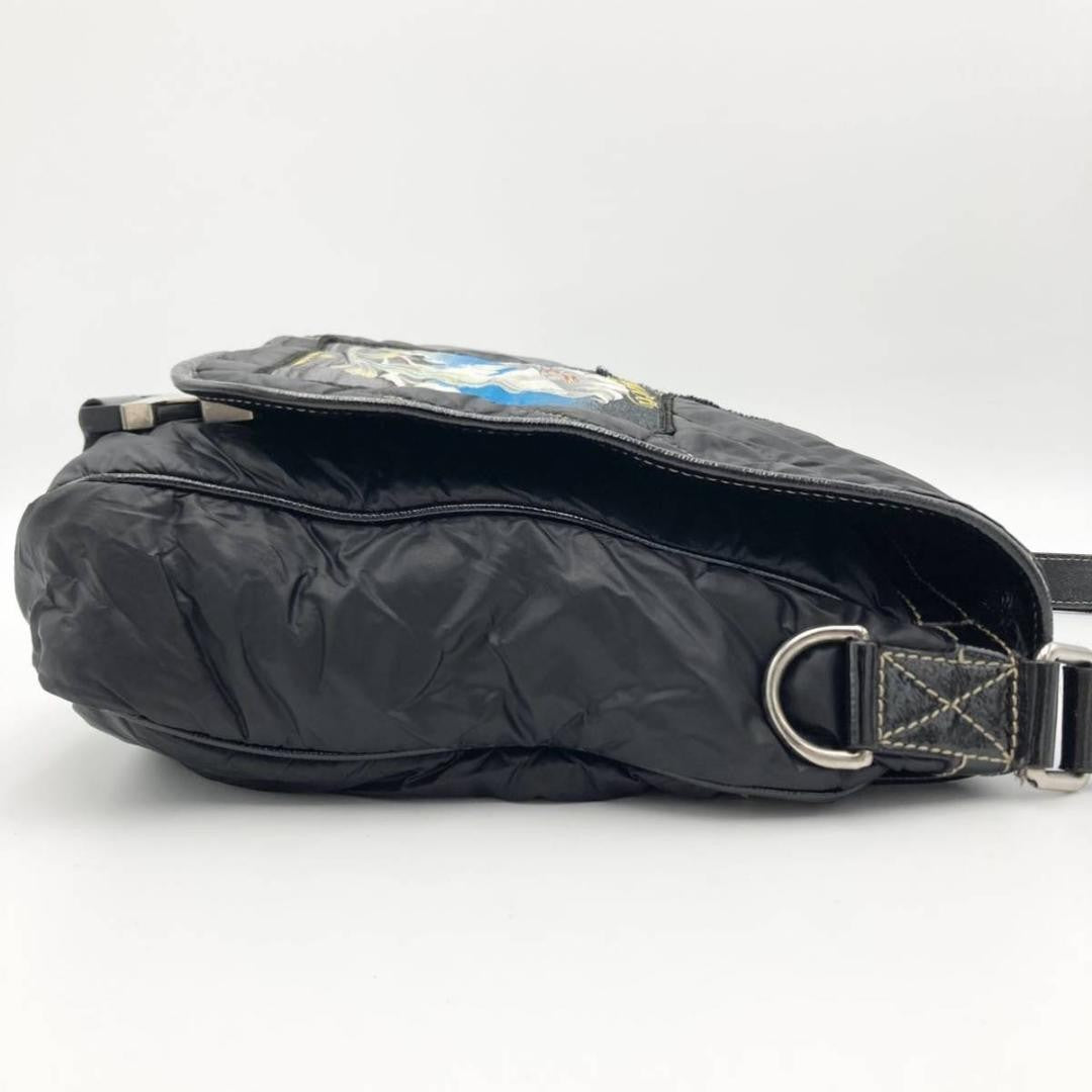 GUCCI Quilted Messenger Bag Black Nylon Leather Patch Embroidery #QY0V72