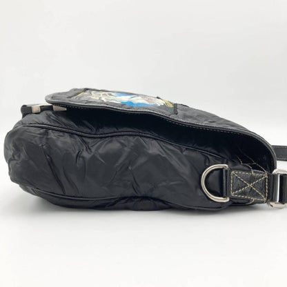 GUCCI Quilted Messenger Bag Black Nylon Leather Patch Embroidery #QY0V72