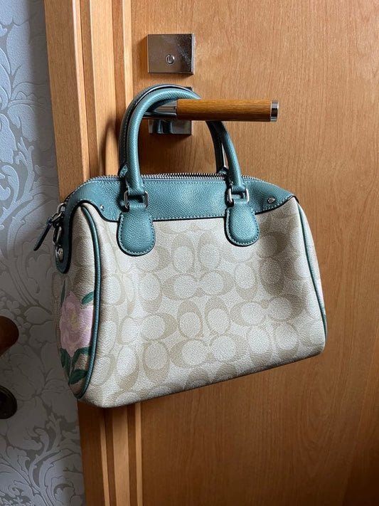 COACH Floral Handbag, Rose Pattern, Beige & Green #QYKLWJ