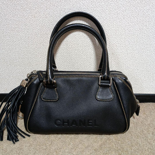 CHANEL Black Leather Fringe Tote Bag Boston #QY9WQX