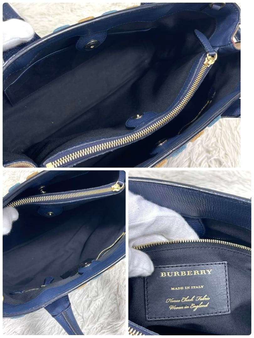 BURBERRY Nova Check 2WAY Navy Leather Handbag Mirror Patch Rare #QY0OXA