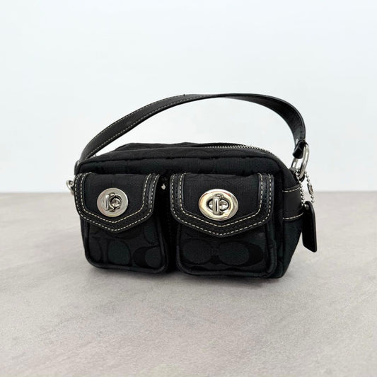 COACH Signature Black Mini Satchel Double Turnlock Bag #QYI9VY