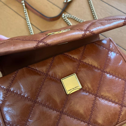 Tory Burch Quilted Leather Handbag Brown Chain Strap #QY4CK1