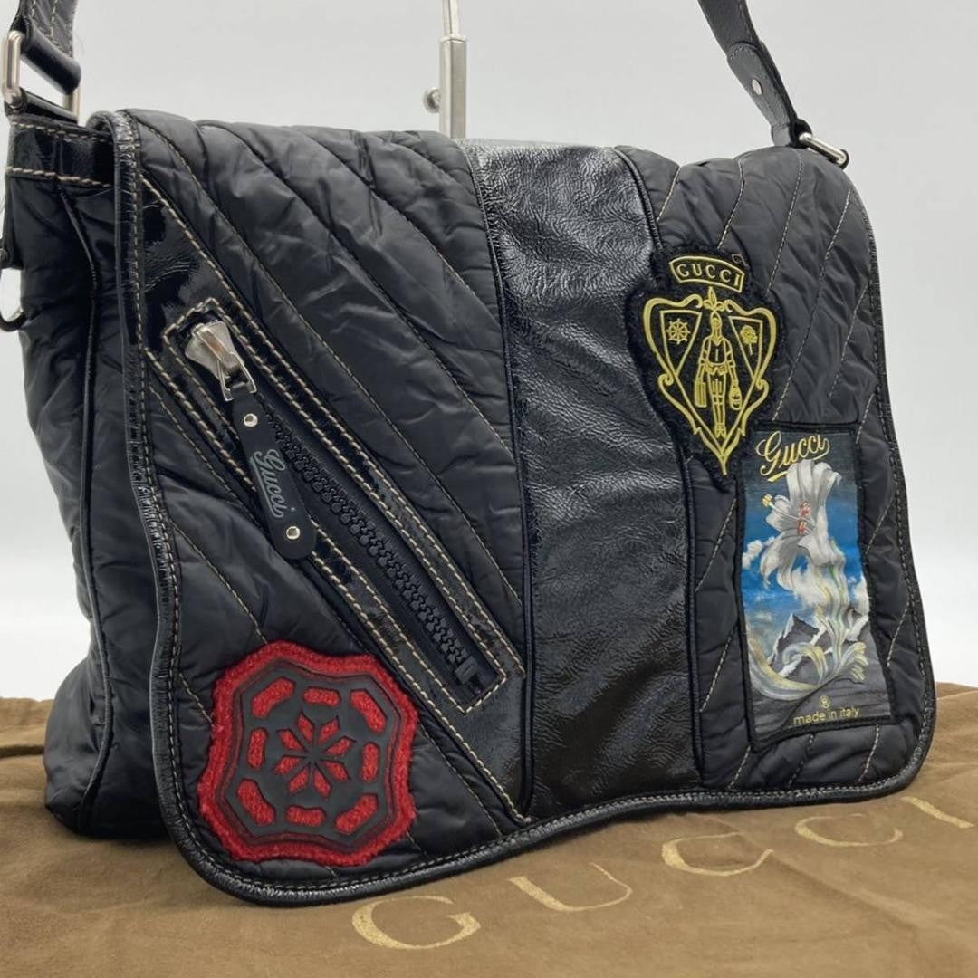 GUCCI Quilted Messenger Bag Black Nylon Leather Patch Embroidery #QY0V72