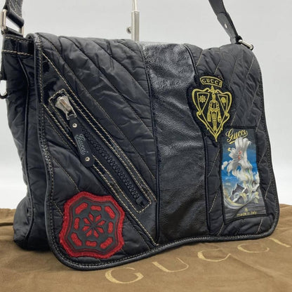 GUCCI Quilted Messenger Bag Black Nylon Leather Patch Embroidery #QY0V72