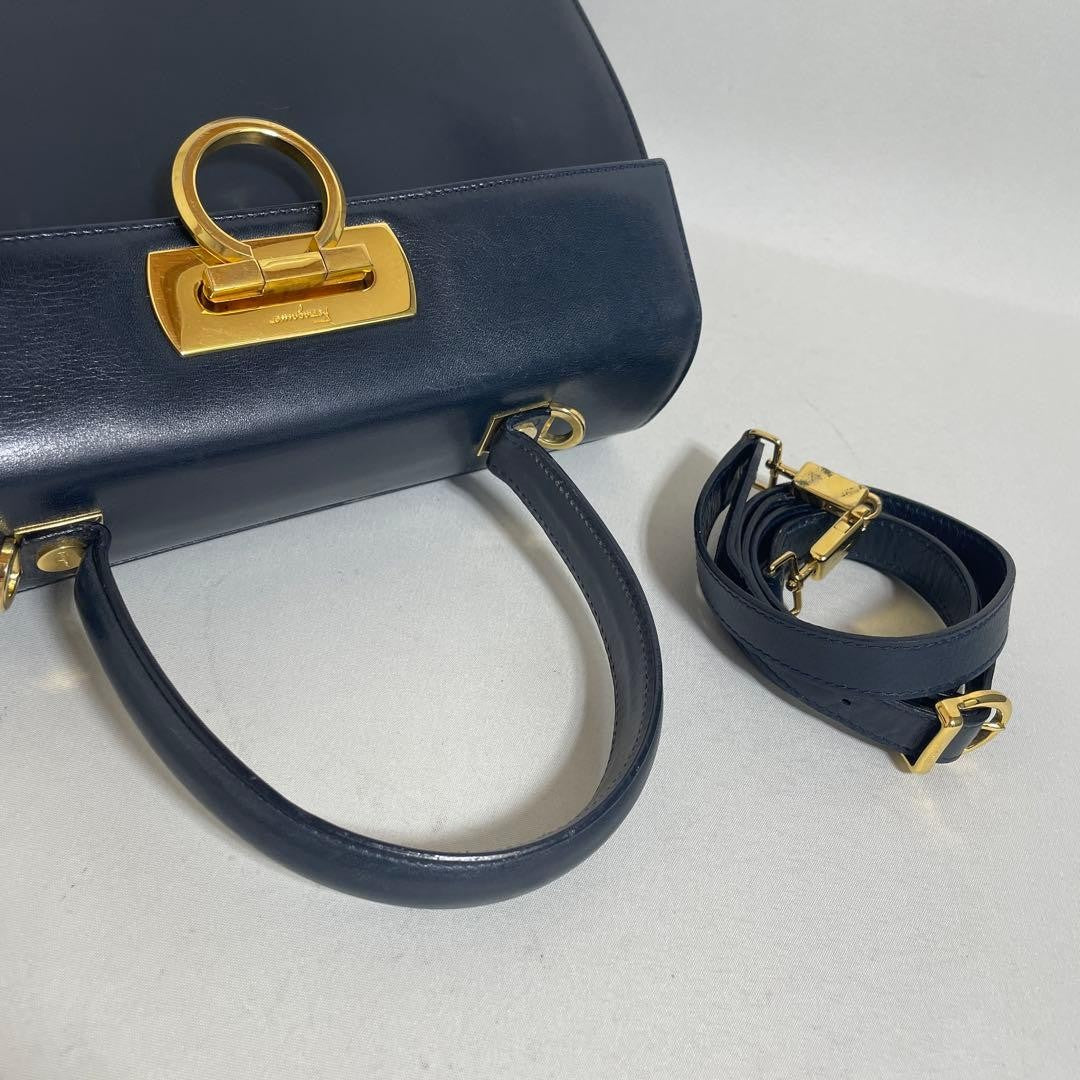 FERRAGAMO 2603-165 Ferragamo 2-Way Handbag, Navy, Gancini #QYGQPA
