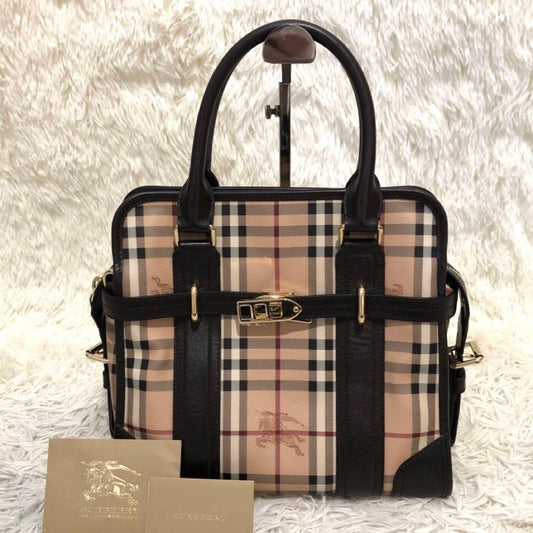 BURBERRY Nova Check Pattern Handbag Brown Leather Women #QY7BC6