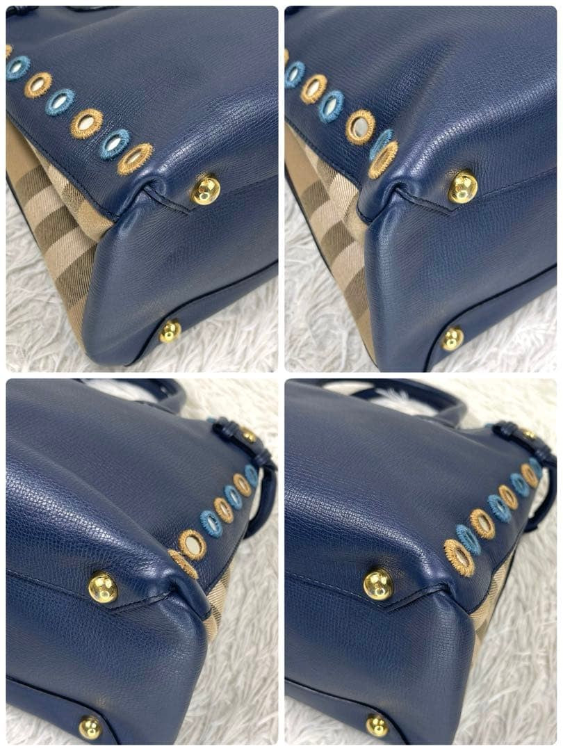 BURBERRY Nova Check 2WAY Navy Leather Handbag Mirror Patch Rare #QY0OXA