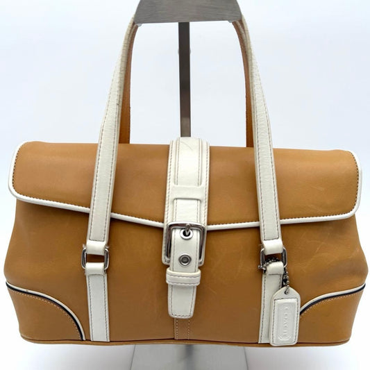 COACH Shoulder Bag, Leather, Signature Pattern, Brown, 9267 White #QY42YD