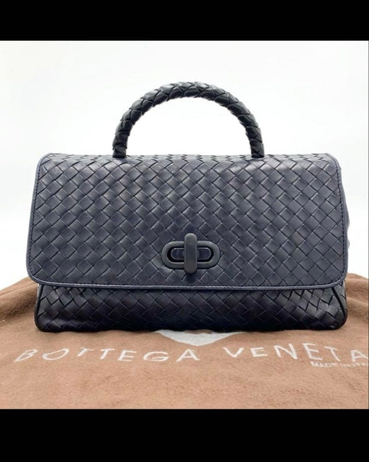 BOTTEGA VENETA Intrecciato Turnlock One Handbag Navy #QYF0S2