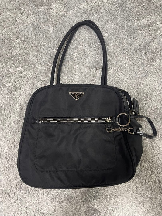 Classic Prada tote bag with triangular logo plate, nylon x leather. #QY3OM8