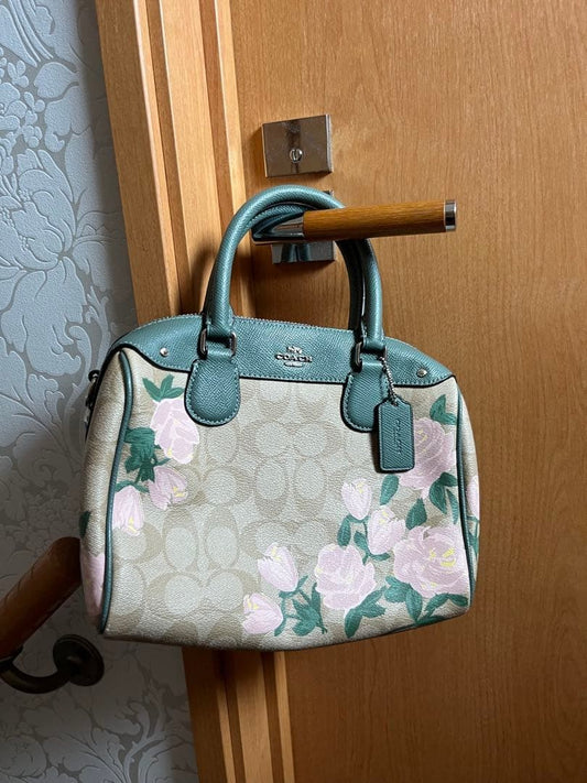 COACH Floral Handbag, Rose Pattern, Beige & Green #QYKLWJ