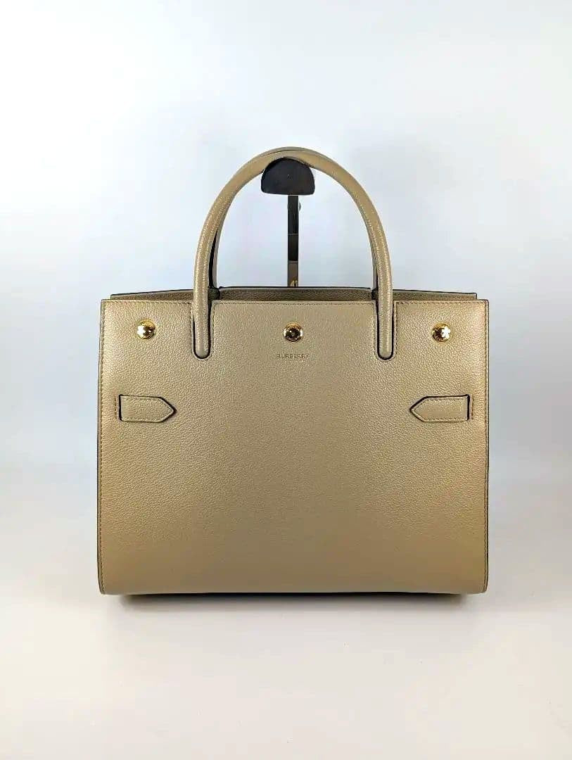 BURBERRY Beige Leather Handbag Gold Hardware Double Handle Classic #QY31W3