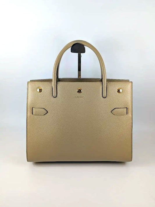 BURBERRY Beige Leather Handbag Gold Hardware Double Handle Classic #QY31W3