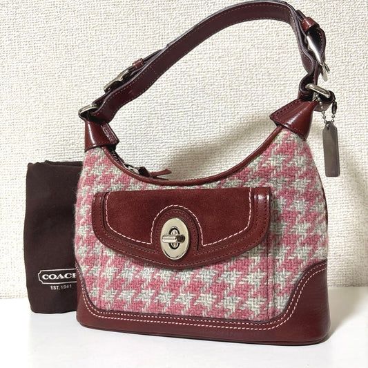 Coach One-Shoulder Handbag, Wool, Houndstooth Pattern, Turnlock Closure, #QY0NH8