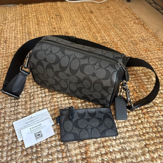 COACH Black Canvas Shoulder Bag with Card Case Tag Unused #QYJAKI