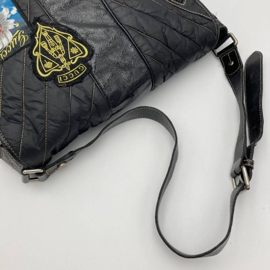 GUCCI Quilted Messenger Bag Black Nylon Leather Patch Embroidery #QY0V72
