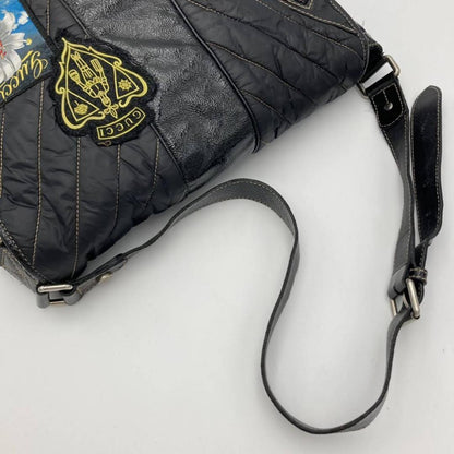 GUCCI Quilted Messenger Bag Black Nylon Leather Patch Embroidery #QY0V72