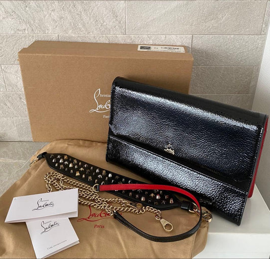 Christian Louboutin Black Patent Studs Clutch 2-Way Bag W28 H18 Women #QYBKRO