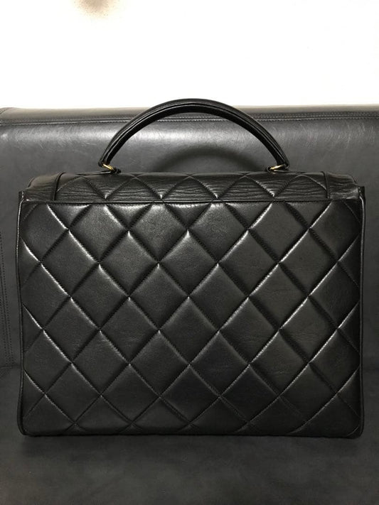 CHANEL Matelasse Coco Mark Quilted Lambskin Handbag Black 31x25x12cm #QYA35A