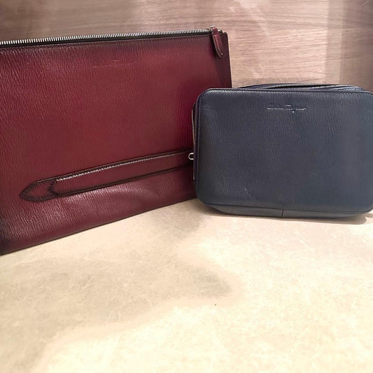 SALVATORE FERRAGAMO Leather Clutch Set Bordeaux Navy Embossed #QYIV7H