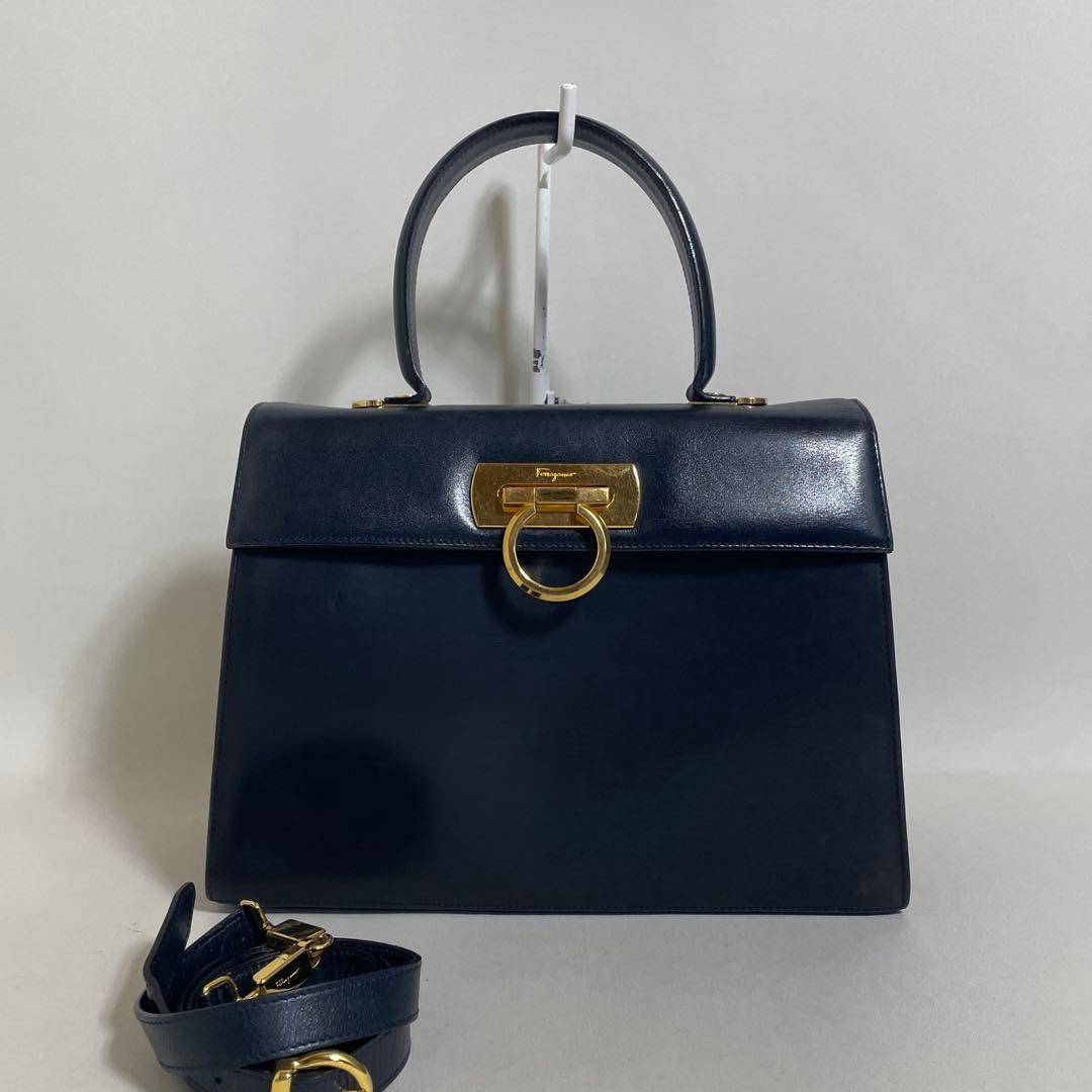 FERRAGAMO 2603-165 Ferragamo 2-Way Handbag, Navy, Gancini #QYGQPA