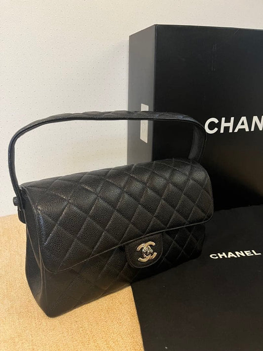 CHANEL Double Face Matelasse Caviar Skin Handbag Black Silver Classic #QY9OFJ