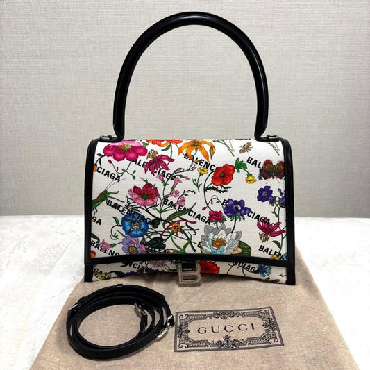 BALENCIAGA Gucci Hacker Project Flora Hourglass Handbag Black #QYF8B0