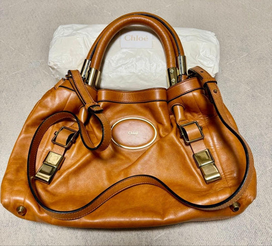 Chloe Victoria Camel Leather Handbag Gold Hardware Isetan Strap #QYCW2O